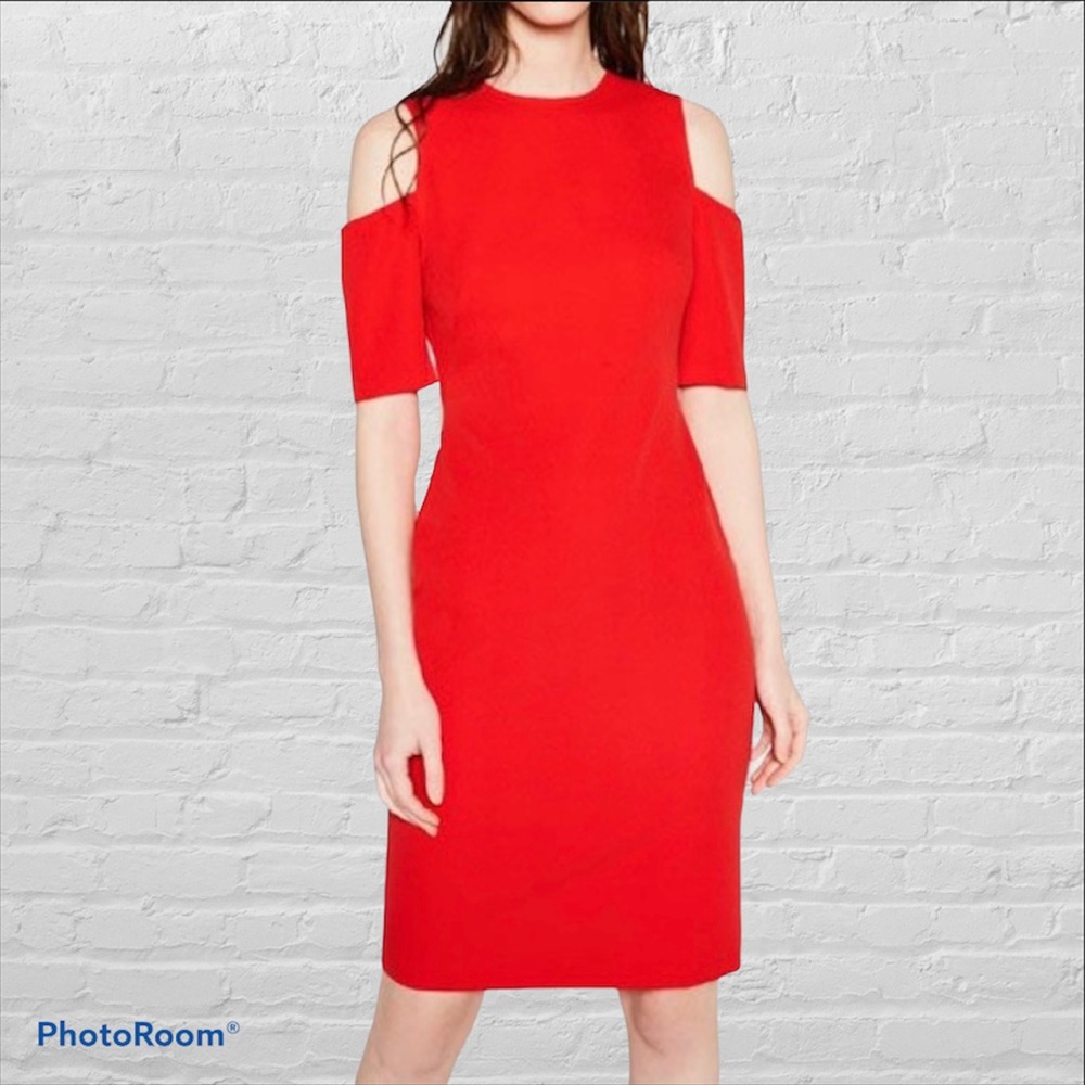 Zara Woman Red Scuba Cold Shoulder Shift Dress